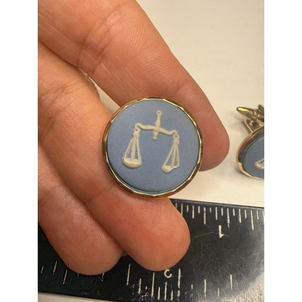 Wedgwood Jasperware Scales of Justice Blue Gold Tone Cufflinks PAT 144883